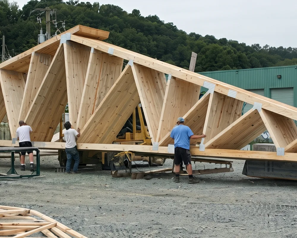 Large wooden roof truss structure assembled on ground at construction site with workers nearby.