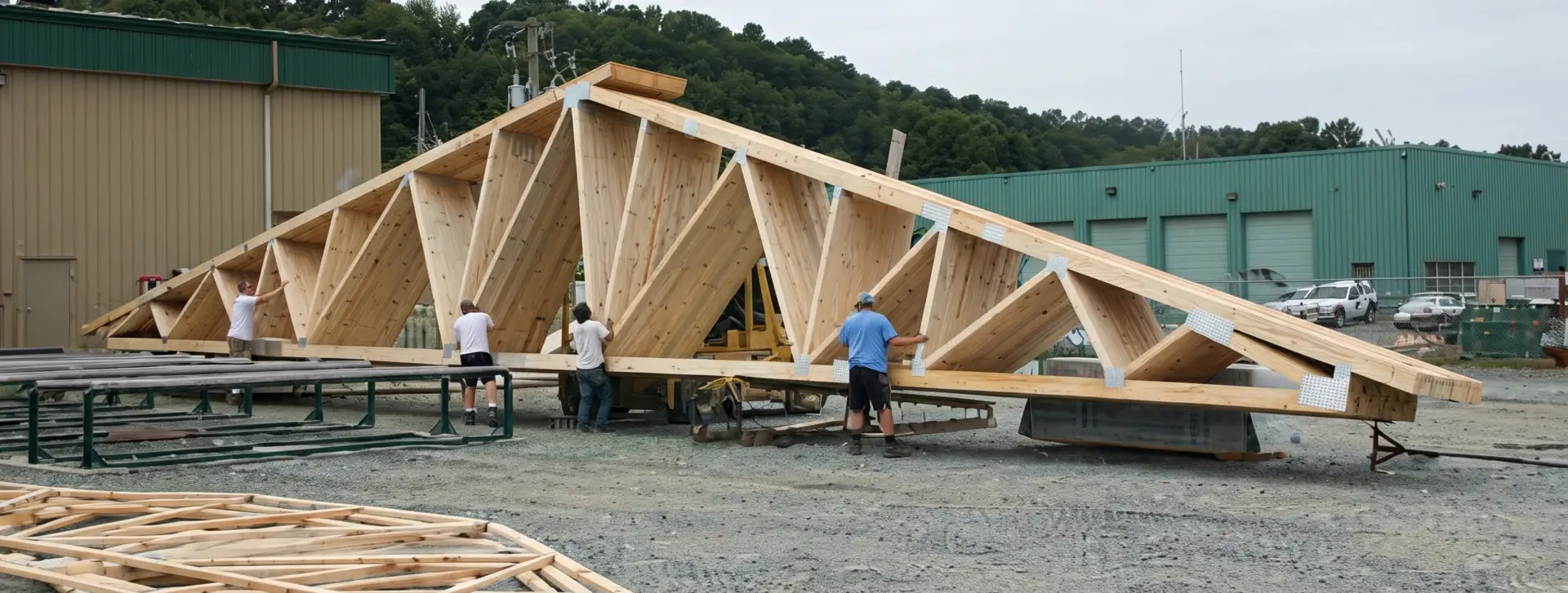 Engineered floor trusses on a job site