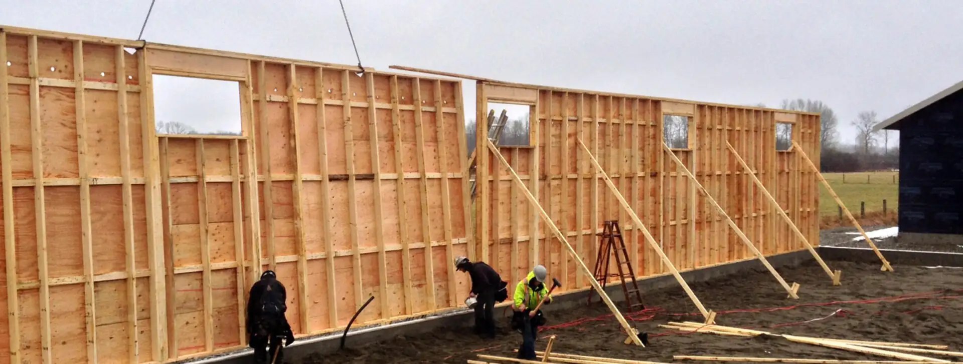 Engineered floor trusses on a job site